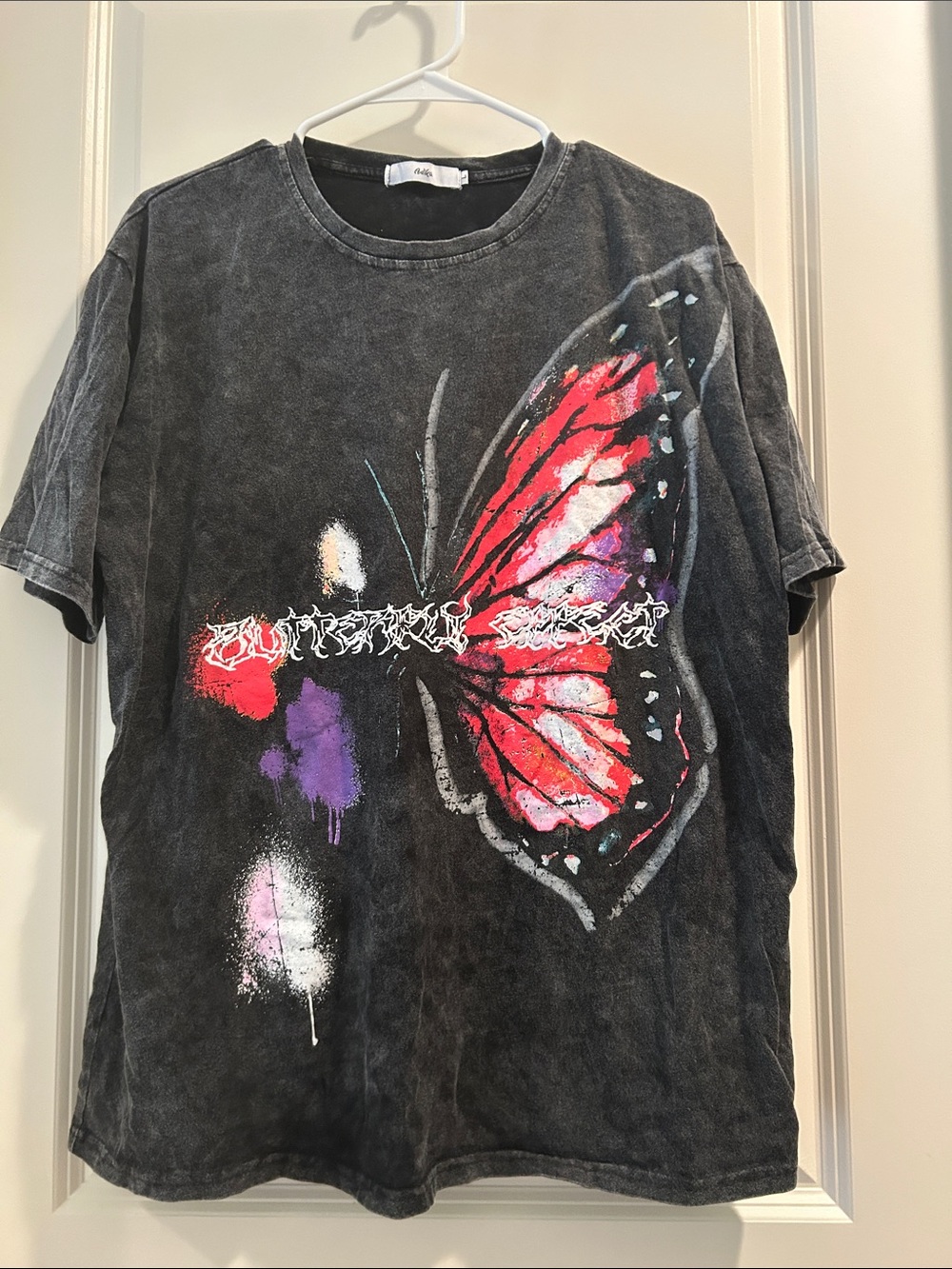 Adika Butterfly Graphic Tee T-Shirt Short Sleeve Black w/Red &Purple Wing size L